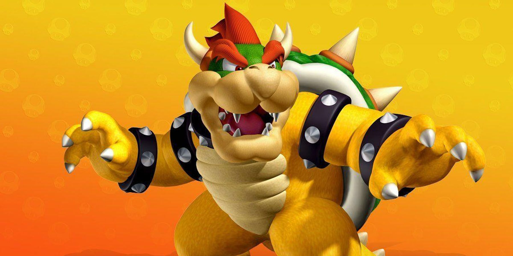 A promotional image of Bowser from Super Mario, posing against a yellow and orange background.