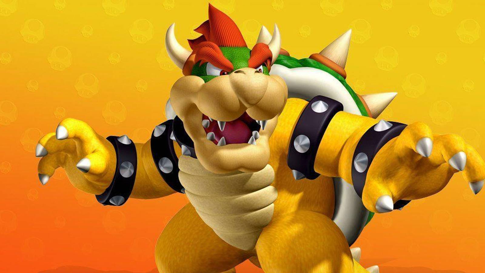 A promotional image of Bowser from Super Mario, posing against a yellow and orange background.
