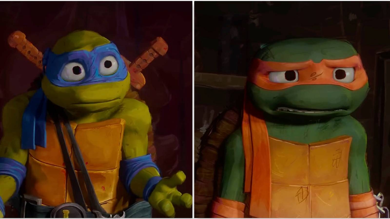Leonardo and Michelangelo in Teenage Mutant Ninja Turtles Mutant Mayhem