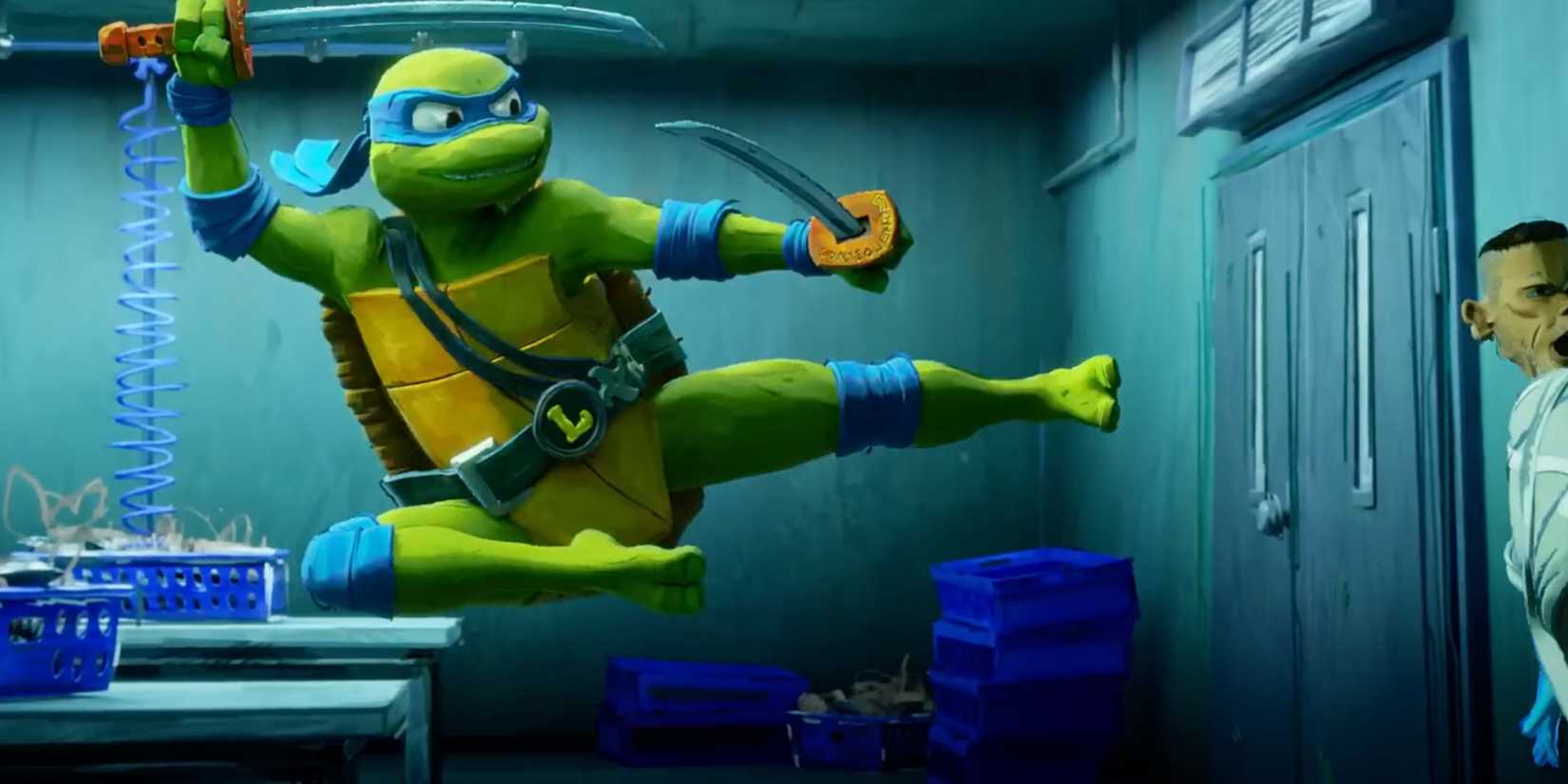 Leonardo fighting in Teenage Mutant Ninja Turtles Mutant Mayhem