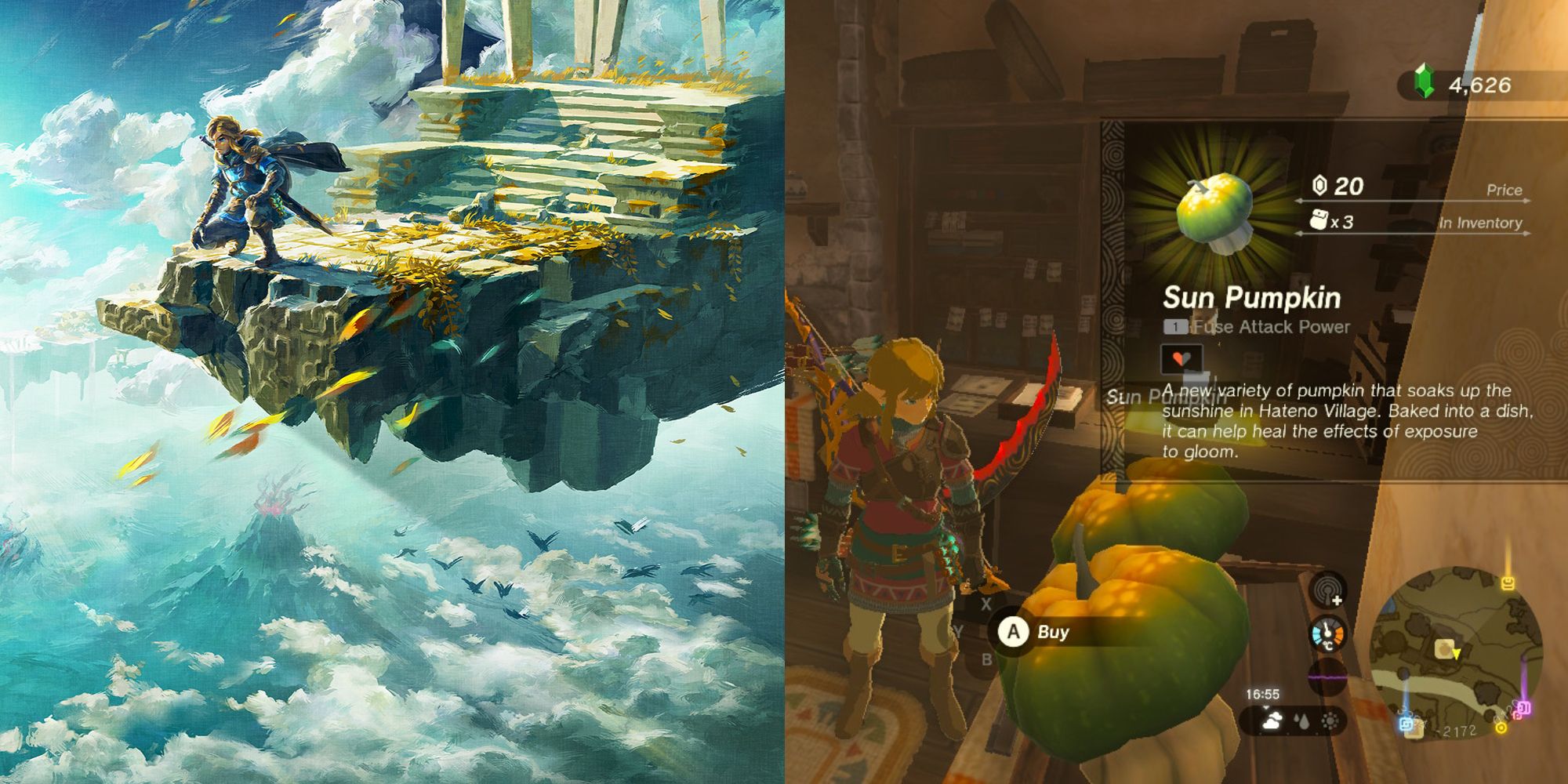 Tears of the Kingdom poster beside Link from the game, who is stood next to a sun pumpkin