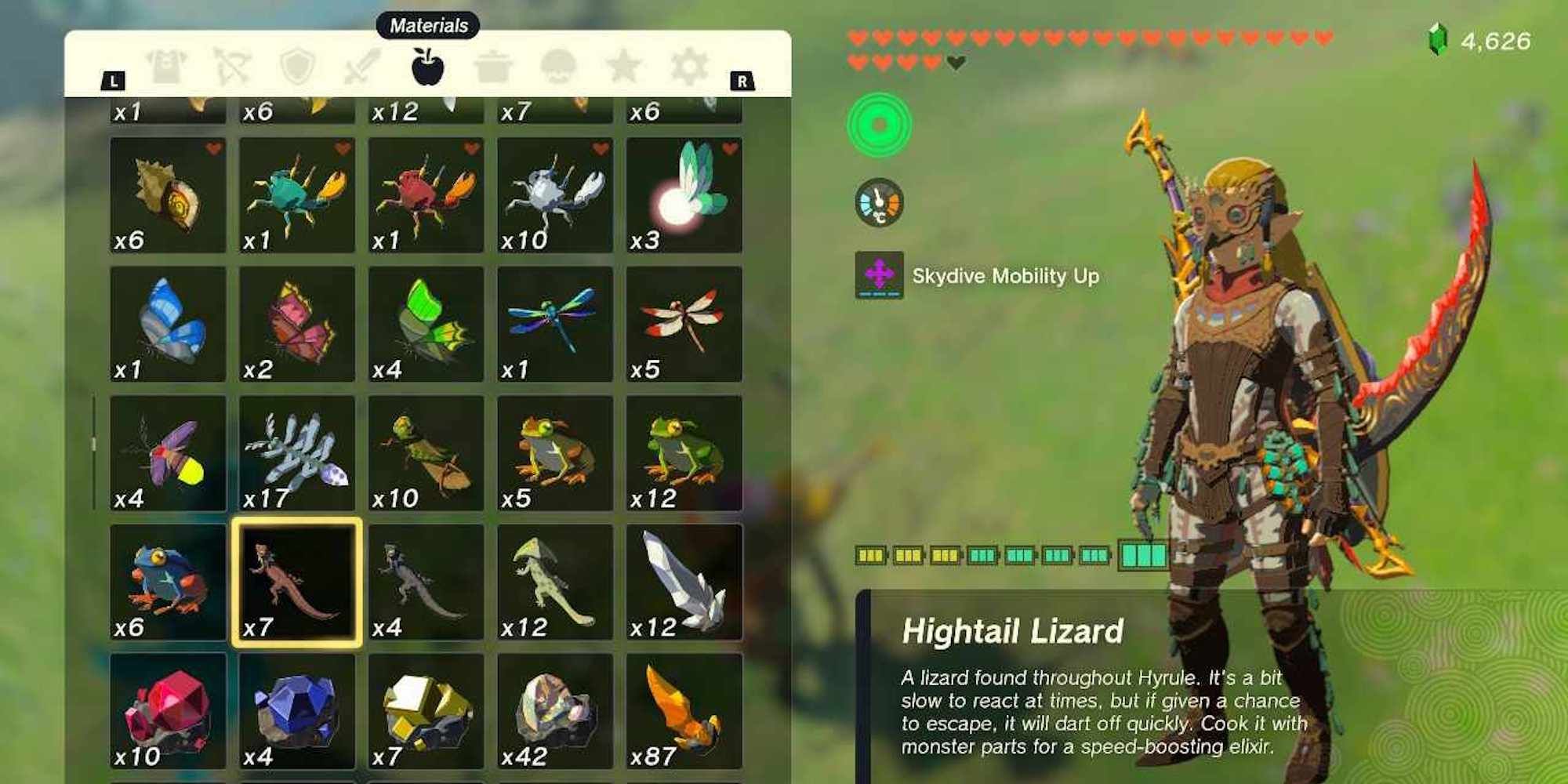 Link from Tears of the Kingdom beside his inventory, which is showing a hightail lizard.