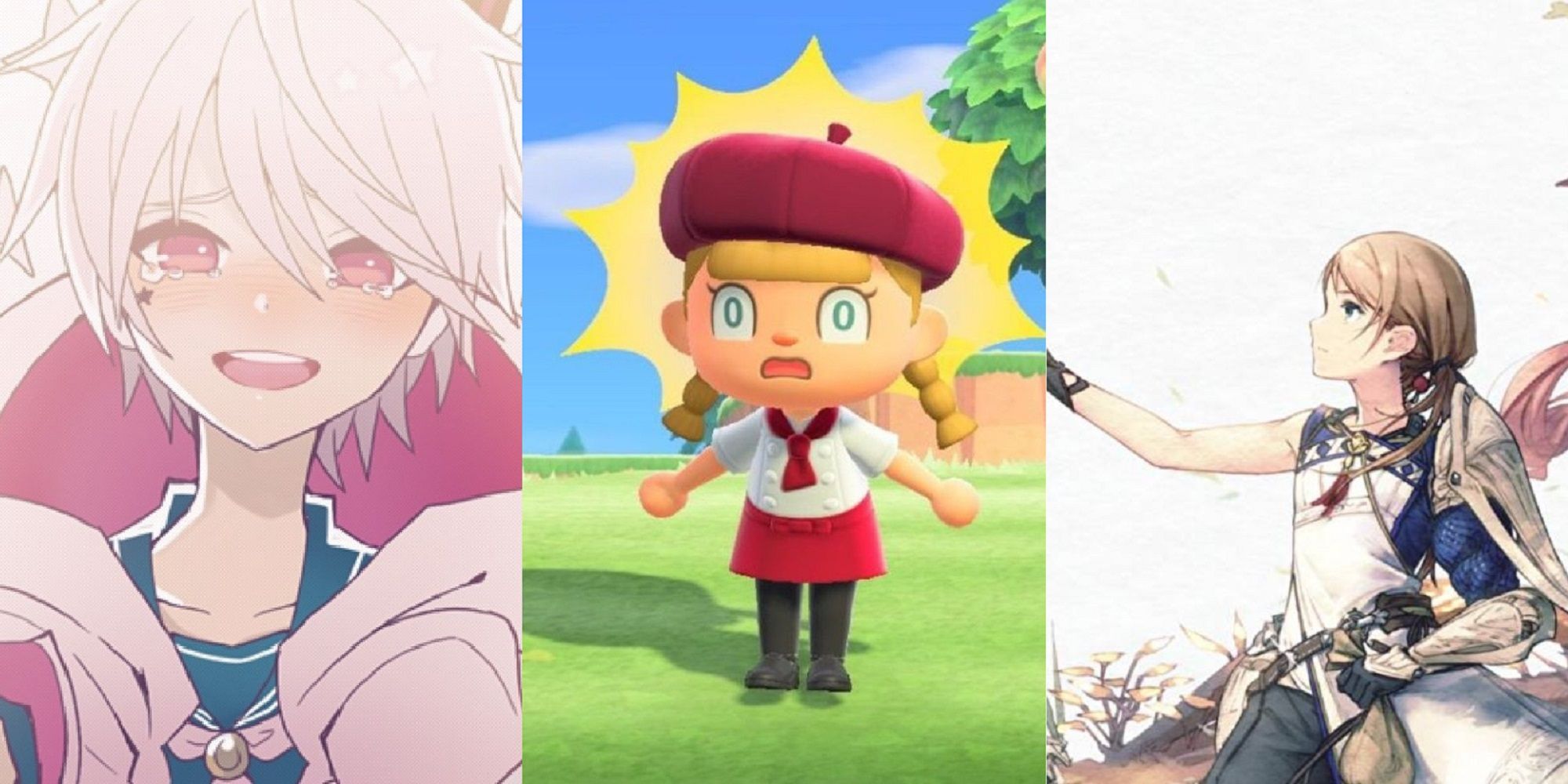 Split image of Nanashi at the end of 1bitHeart, a shocked villager from Animal Crossing New Horizons, and the official artwork of Harvestella