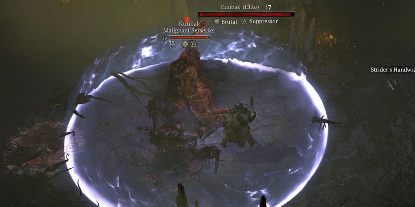 A player fighting a Malignant Berserker in Diablo 4