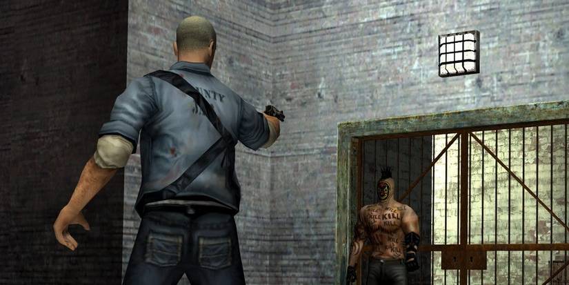 james earl cash from manhunt preparing to shoot an enemy