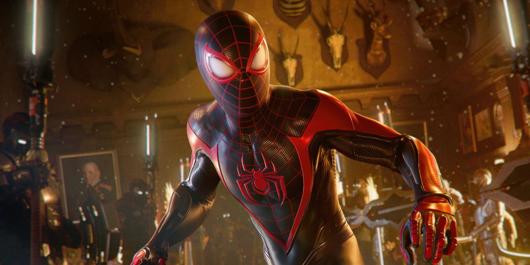 A screenshot of Miles Morales in his Spider-Man suit surronded by enemies in Marvel's Spider-Man 2.