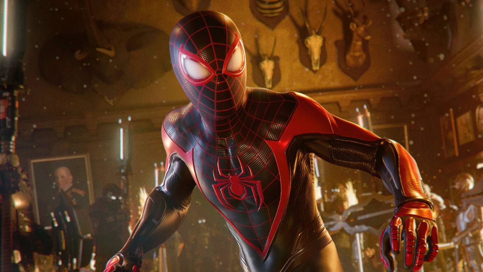 A screenshot of Miles Morales in his Spider-Man suit surronded by enemies in Marvel's Spider-Man 2.