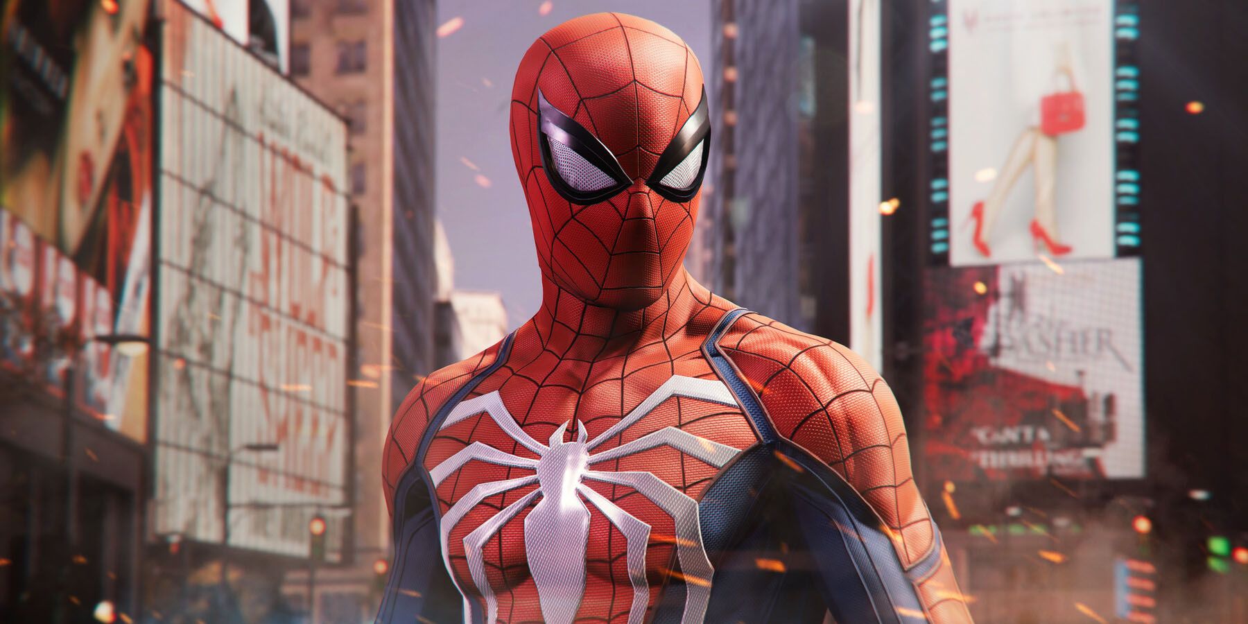 A screenshot of Peter Parker standing in Times Square in Marvel's Spider-Man Remastered.