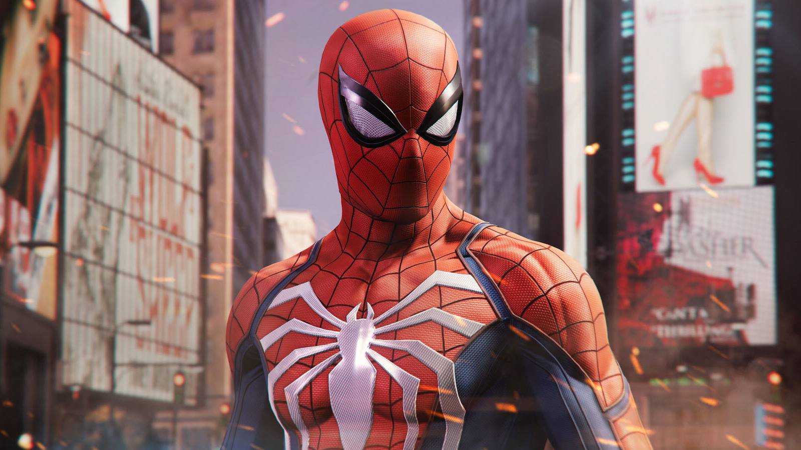 A screenshot of Peter Parker standing in Times Square in Marvel's Spider-Man Remastered.
