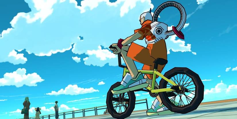 Bomb Rush Cyberfunk bike mechanic low angle blue skies