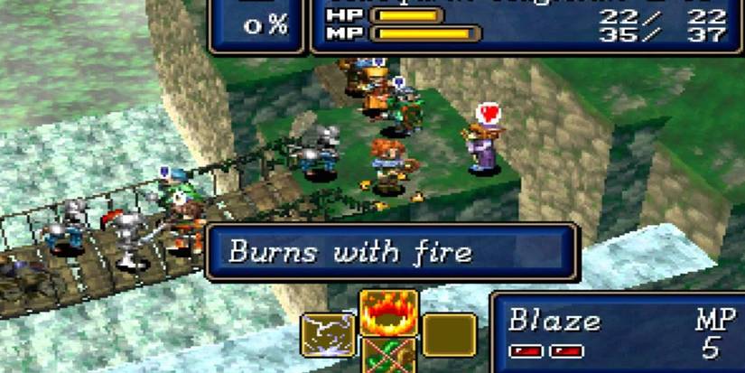 SHining Force 3 battle HUD on grassy landscape