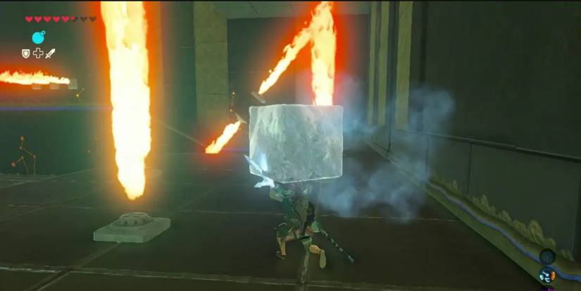 Link carrying an ice block in the Melting Ice Hazard shrine puzzle