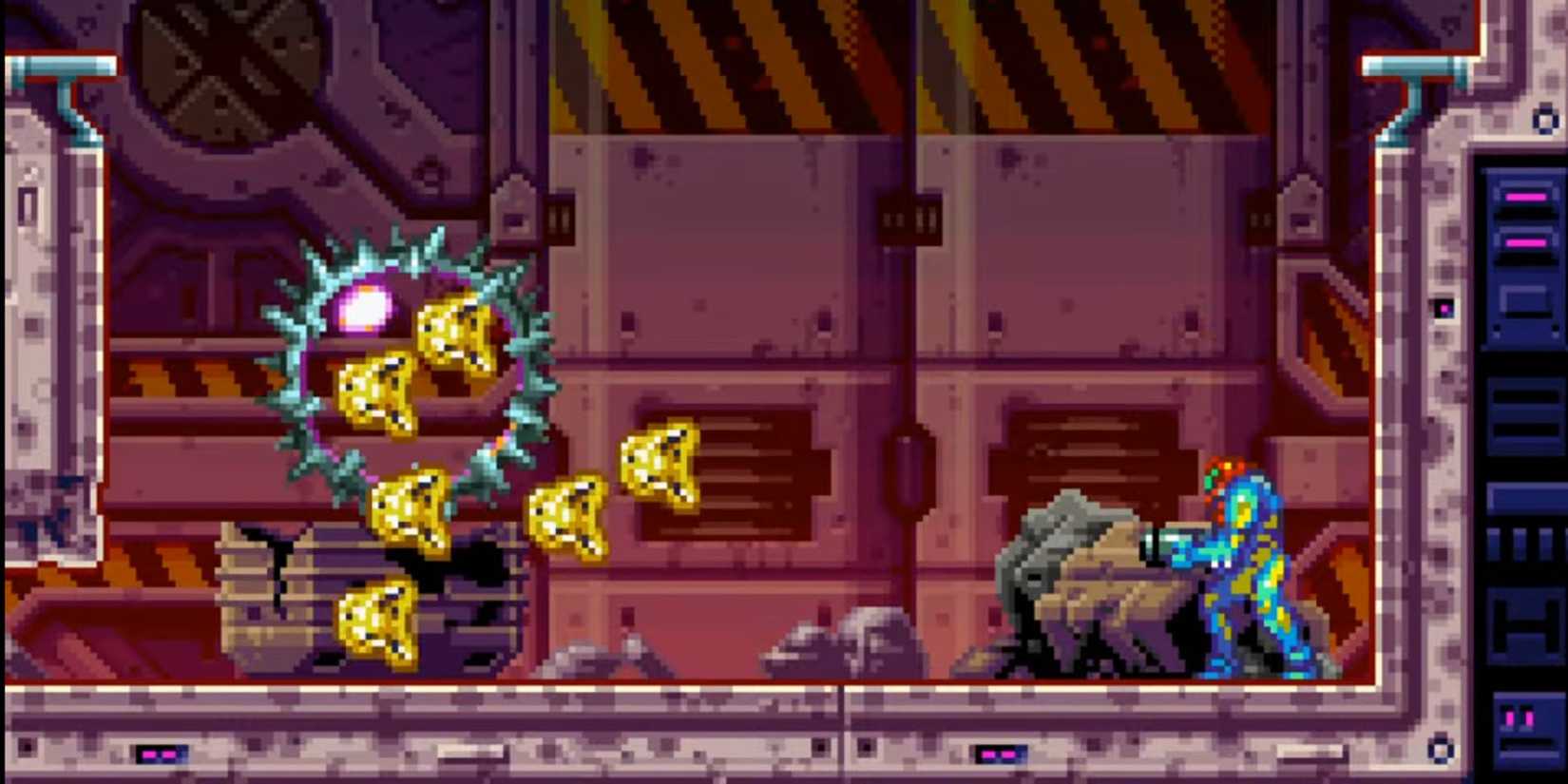Samus attacking an enemy metroid