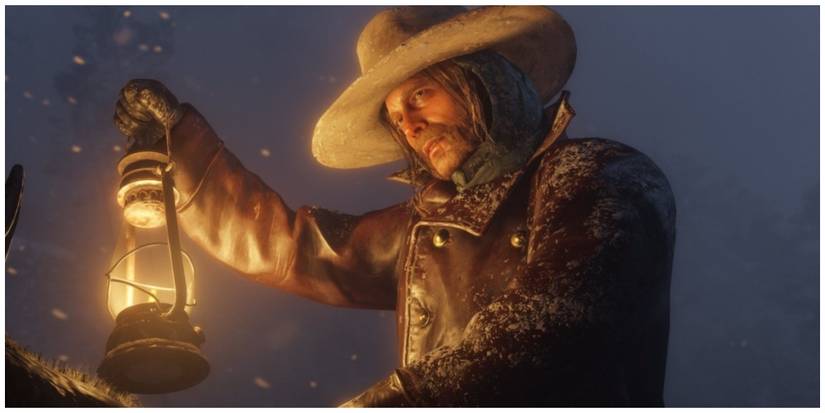 Miach riding his horse through the snow, holding a lantern