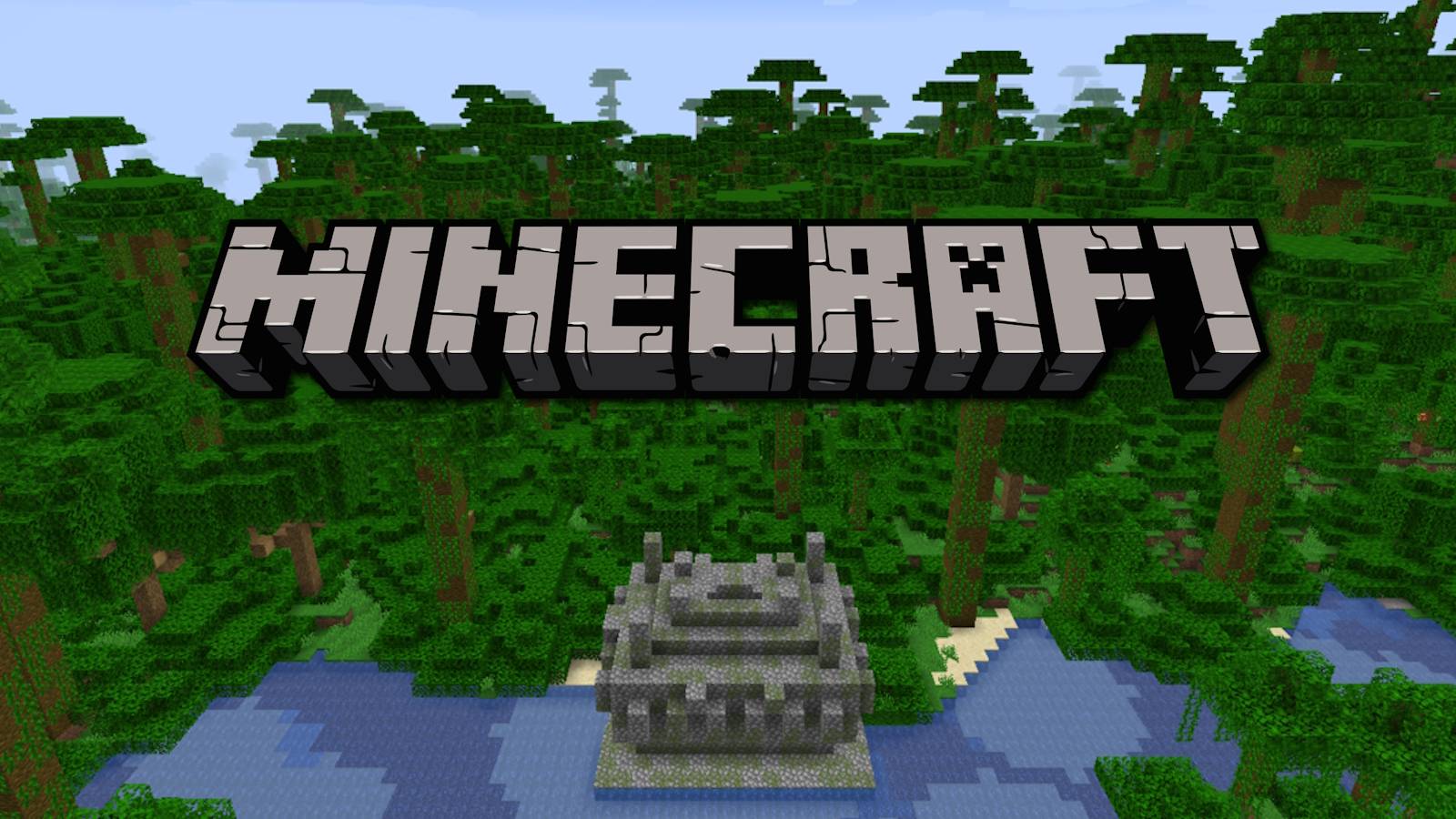 Minecraft logo over a screenshot of a jungle biome