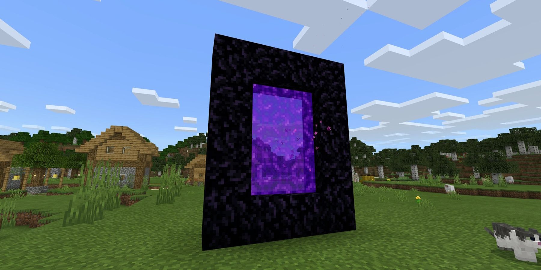 Screenshot of a Nether Portal in a field in Minecraft