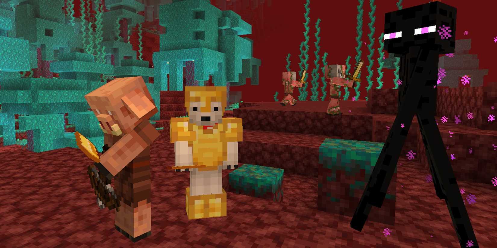 A piglin and an enderman in Minecraft