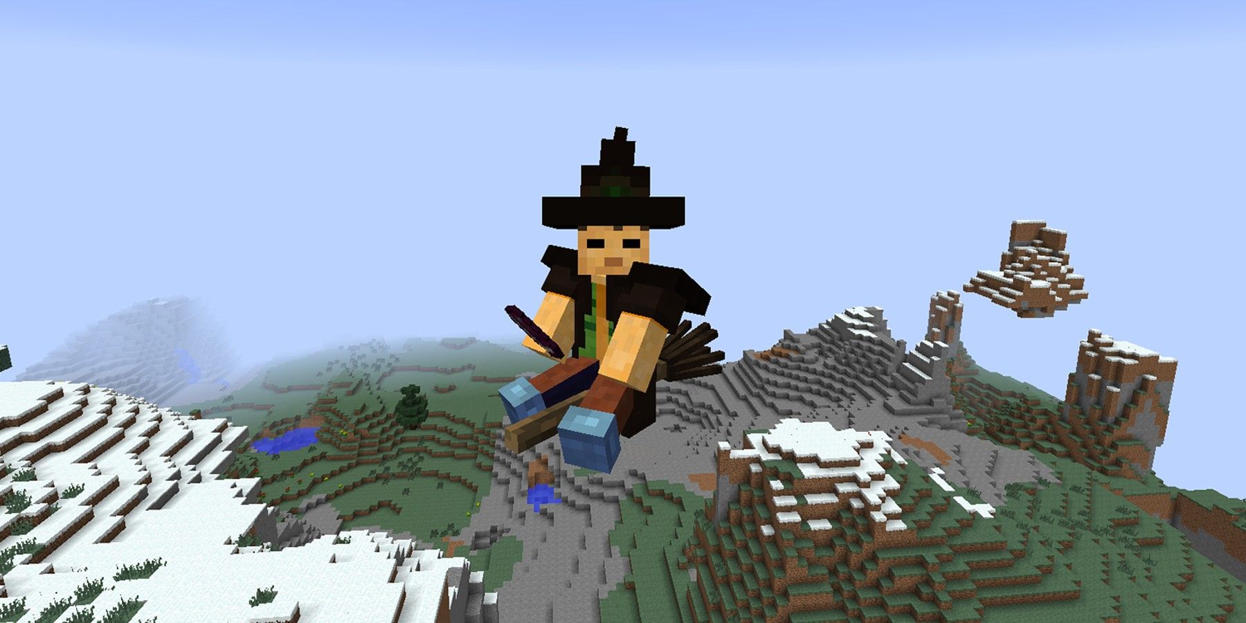 Minecraft wizard character flying on a broom