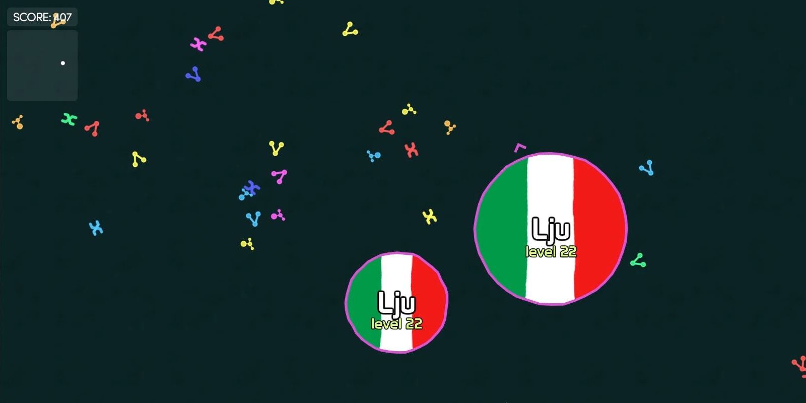 A cell named Lju with an Italy flag background moving around collecting little colorful molecules in Mitos.Is