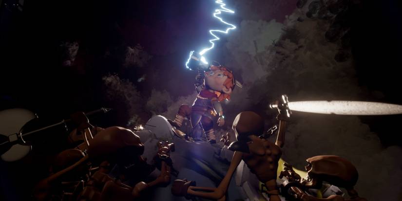 Modi standing atop a hill, raising up Mjolnir as lightening strikes the hammer.