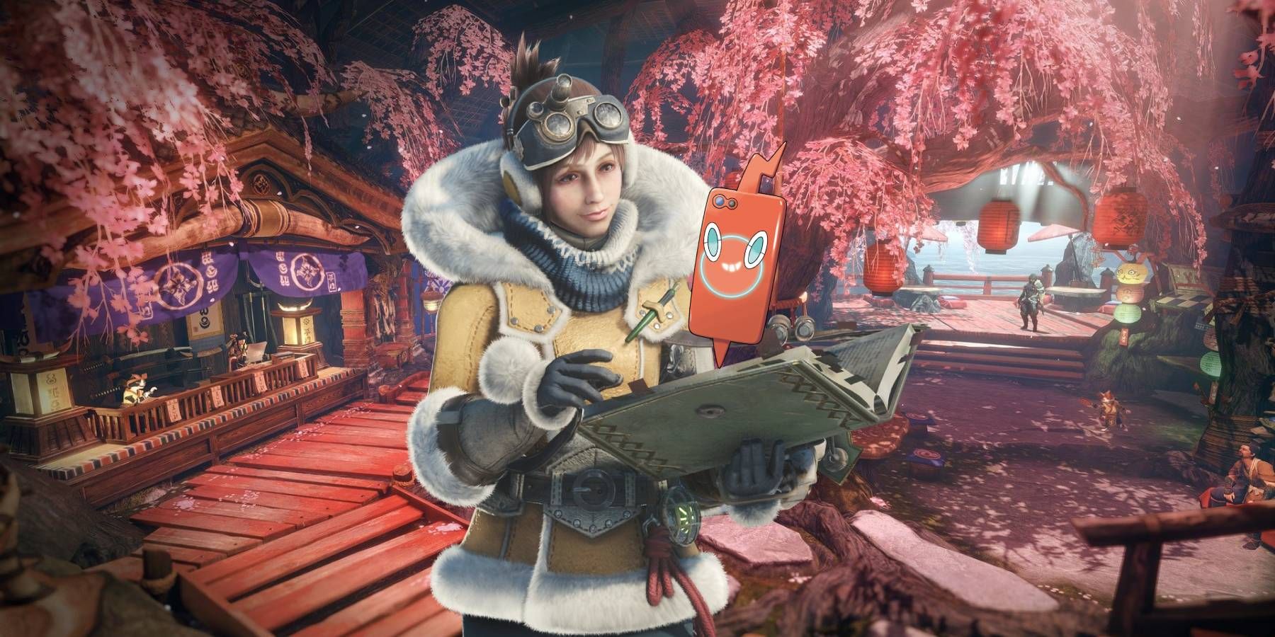 The Handler from Monster Hunter World and a Rotom Phone in the Gathering Hub from Monster Hunter Rise