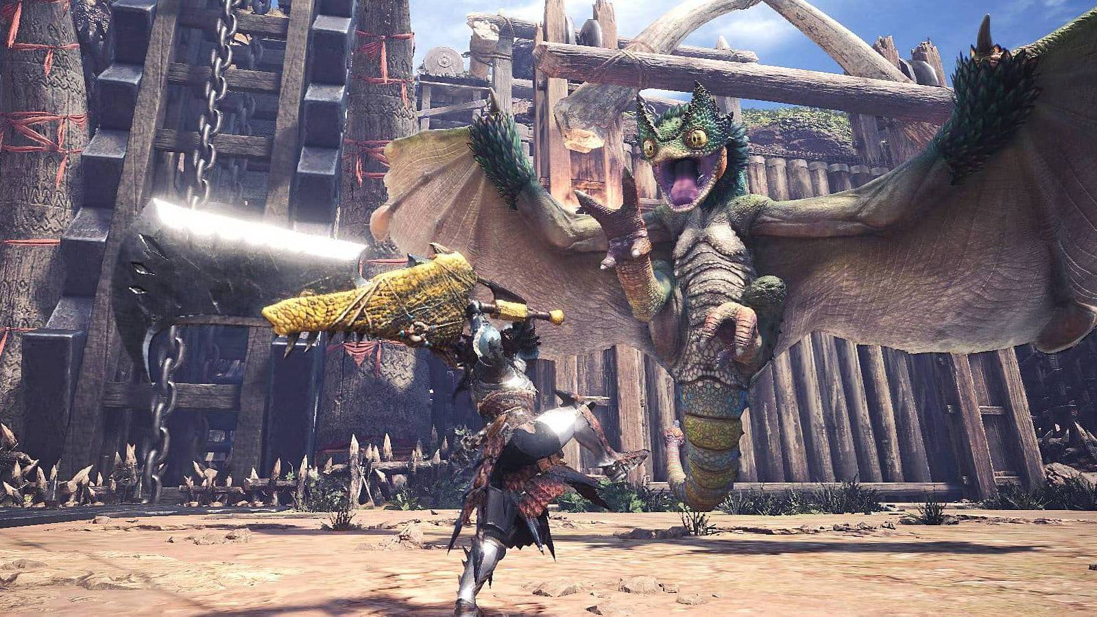 A hunter fighting a Pukei-Pukei in Monster Hunter World