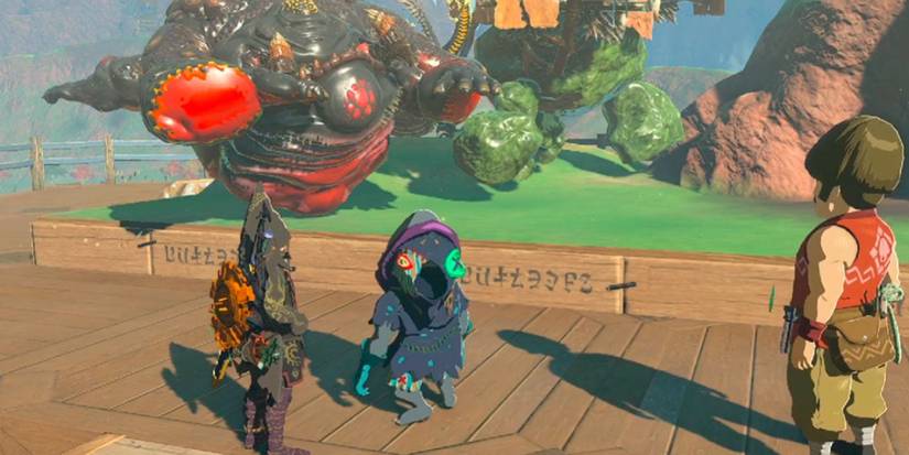 Link, Kilton, and Hudson near the monster statues in Legend on Zelda Tears of the Kingdom