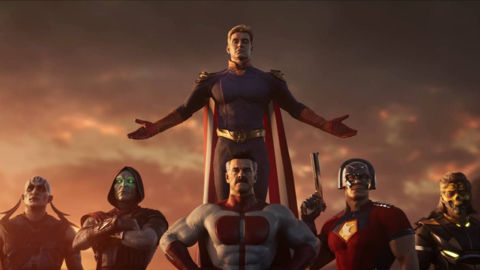 Quan Chi, Ermac, Omni-Man, Peacemaker, Takeda, and Homelander from Mortal Kombat 1's DLC Trailer