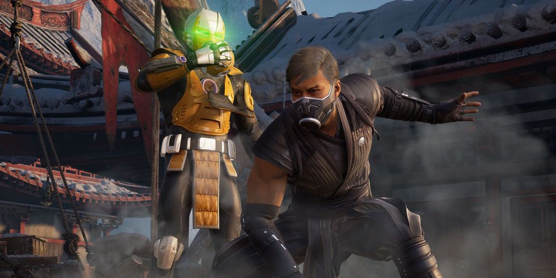 A screenshot of Smoke and Cyrax getting ready for battle in Mortal Kombat 1.