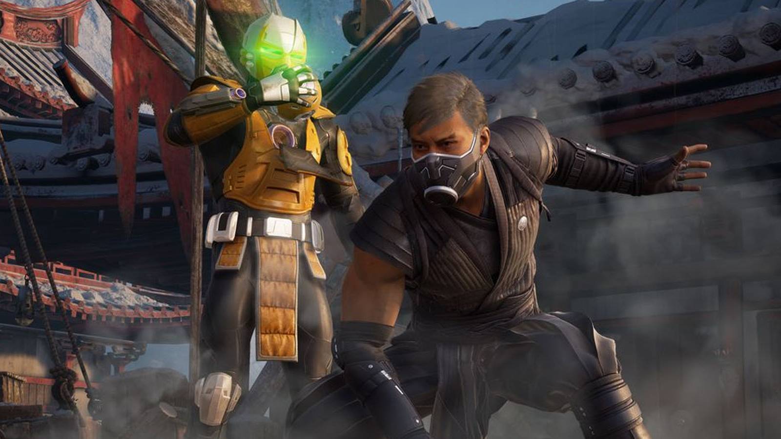 A screenshot of Smoke and Cyrax getting ready for battle in Mortal Kombat 1.
