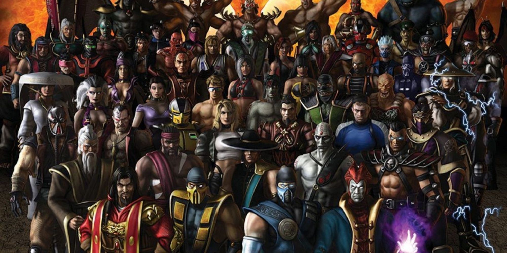 All the Mortal Kombat characters stand facing forward in a large group