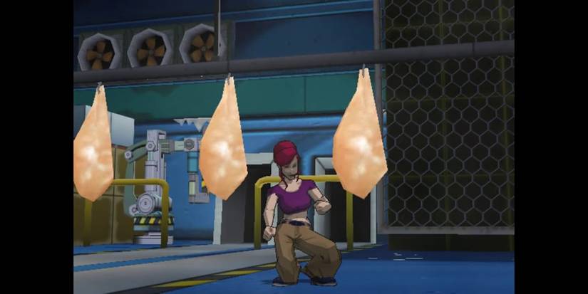 April crouching in Mutant Melee