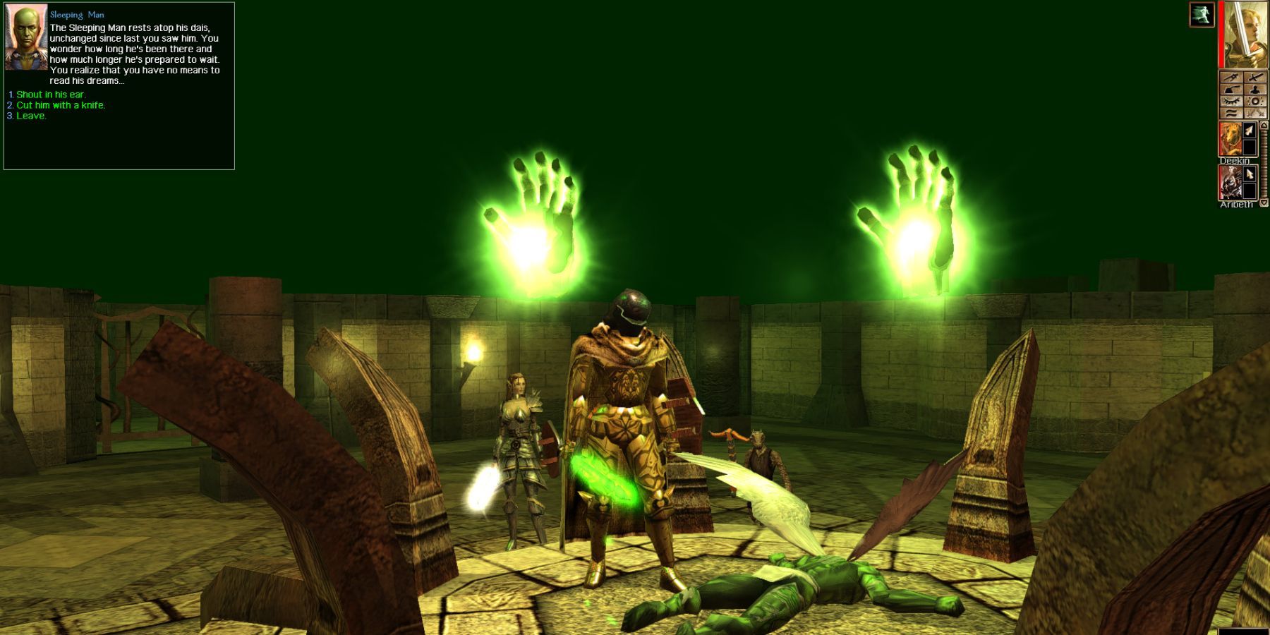 A player examining a body in the middle of a room