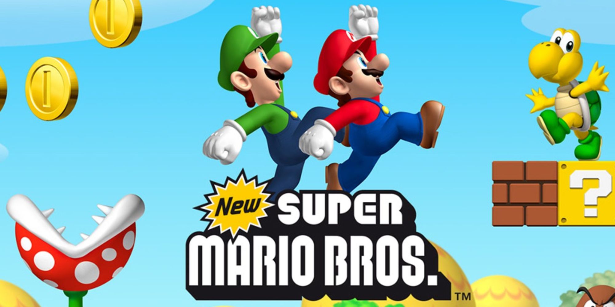 New Super Mario Bros (2006) mario and luigi jumping over the logo
