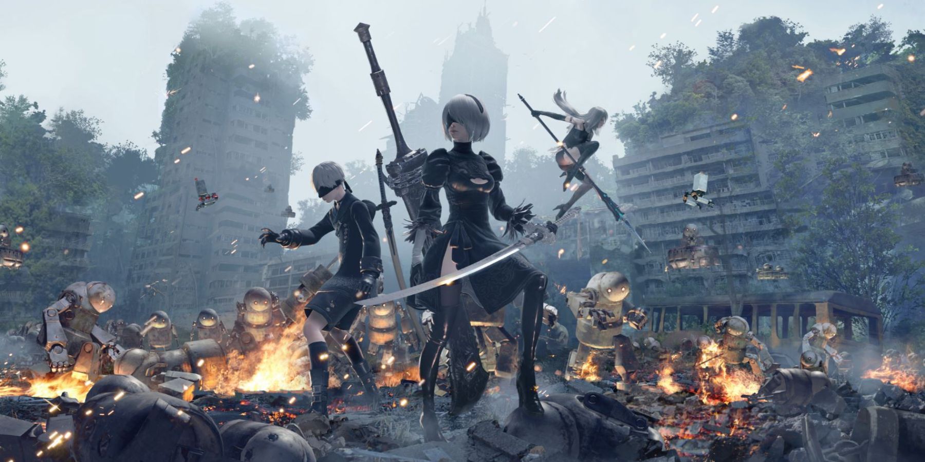 2B and 9S bracing themselves against an army of automatons in NieR: Automata