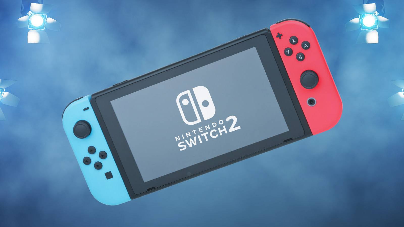 An image of a Nintendo Switch surronded by spotlights and a hypothtical Switch 2 logo on its screen.