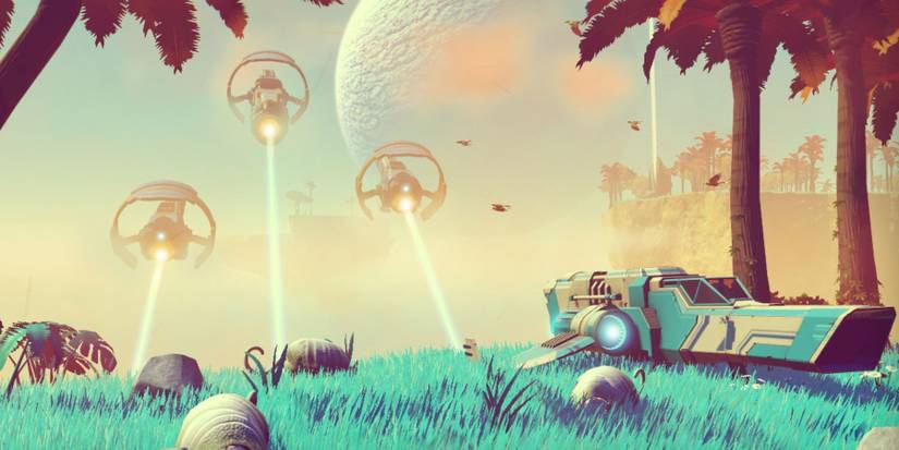 A blue planet with a ship in No Man's Sky 