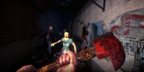 A player holding a bloody axe as zombies charge at them in No More Room In Hell