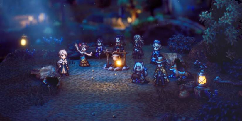 A party of characters gathered around a campfire at night
