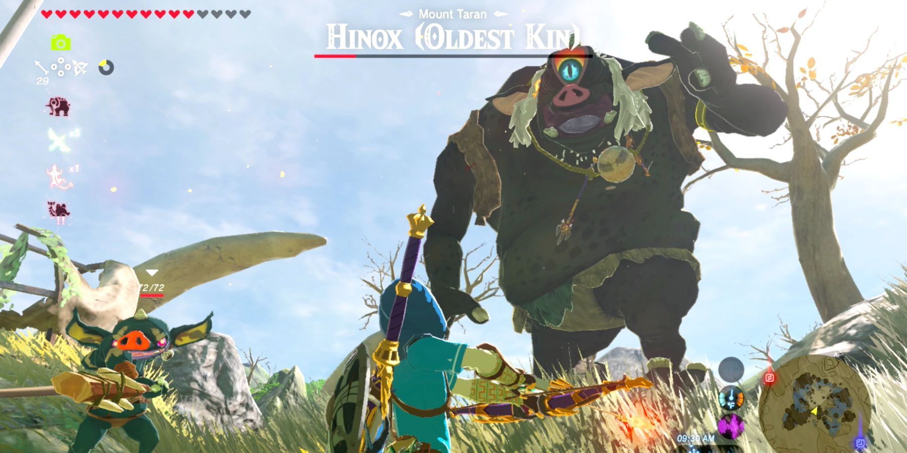 Link battling the Oldest Kin Hinox during The Three Giant Brothers shrine trial