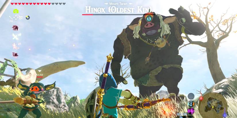 Link battling the Oldest Kin Hinox during The Three Giant Brothers shrine trial