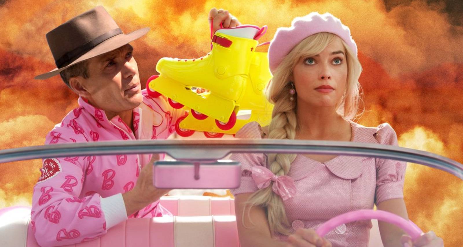 Oppenheimer and a nuclear explosion edited into a Barbie screencap