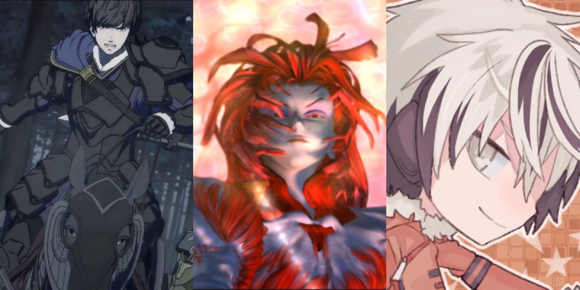 Split image of Berkut on horseback in Fire Emblem Echoes: Shadows of Valentia, Kuja in Trance destroying Terra in Final Fantasy 9, and official artwork of Izuchi Nasuga from 1bitHeart