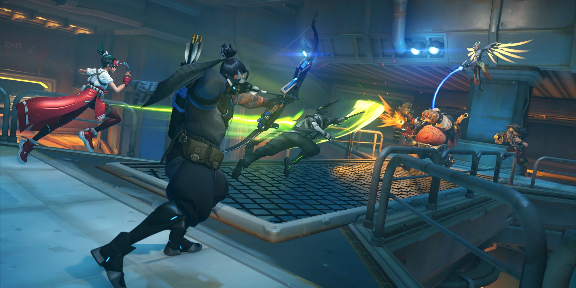 Heroes fighting in a facility in Overwatch 2