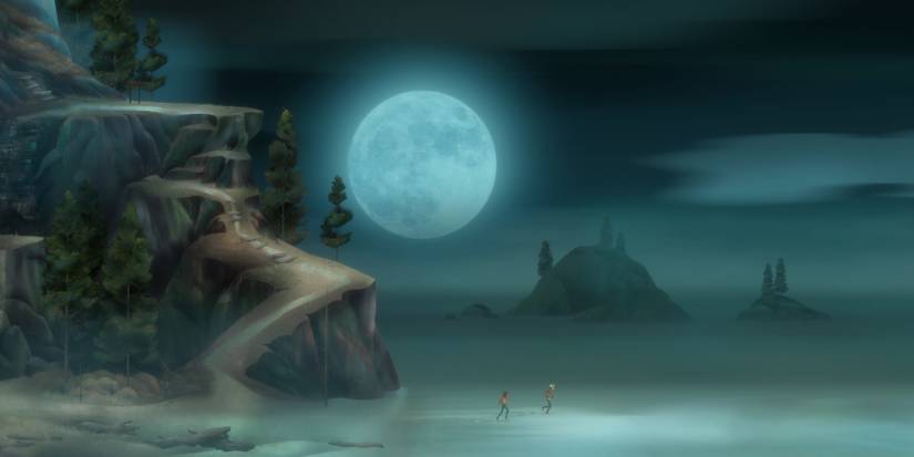 Two characters stand on a misty beach with a hill to the left and a low full moon hanging in the sky.