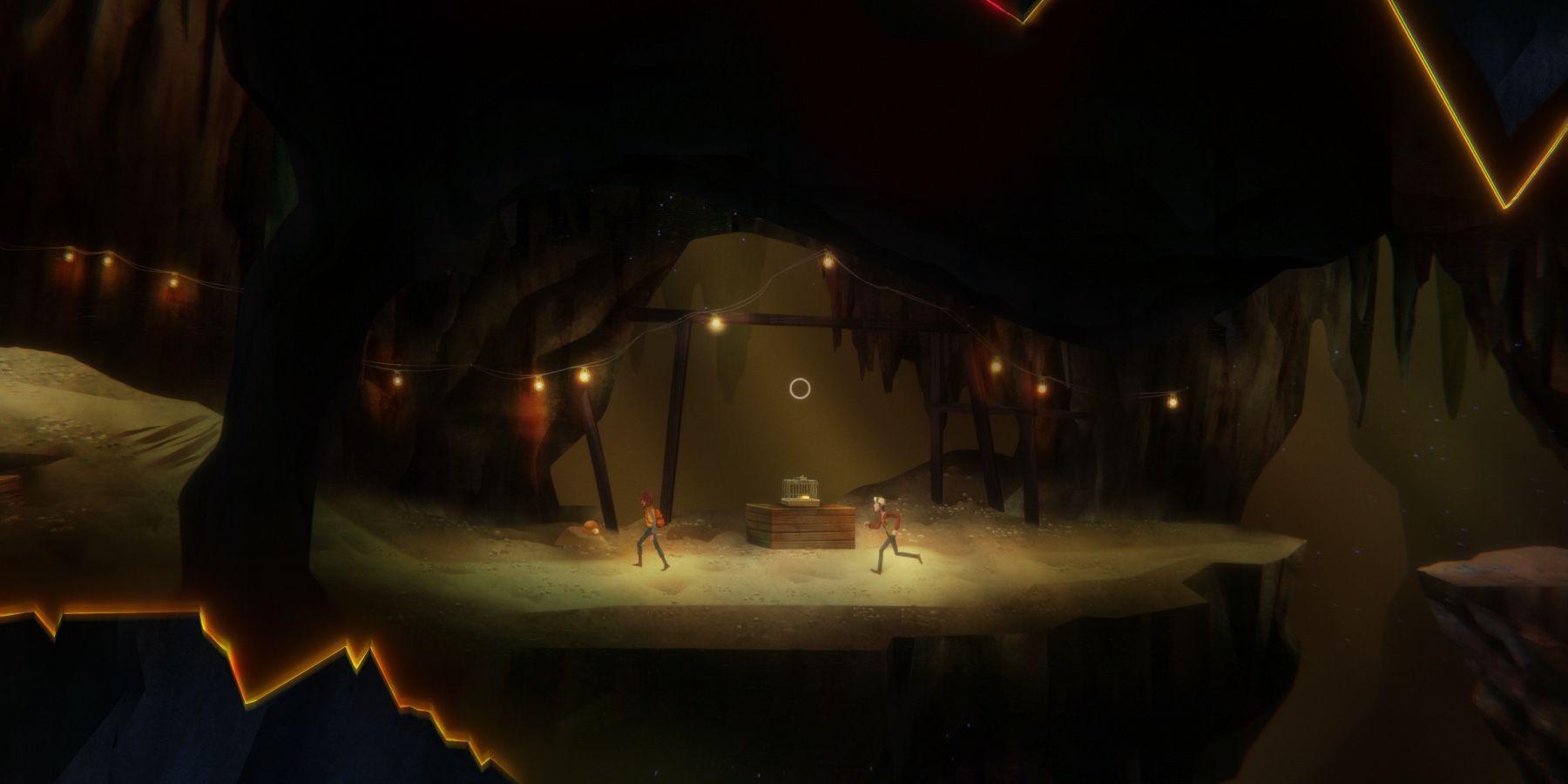 OXENFREE 2 gameplay of players running through dimly lit cavern