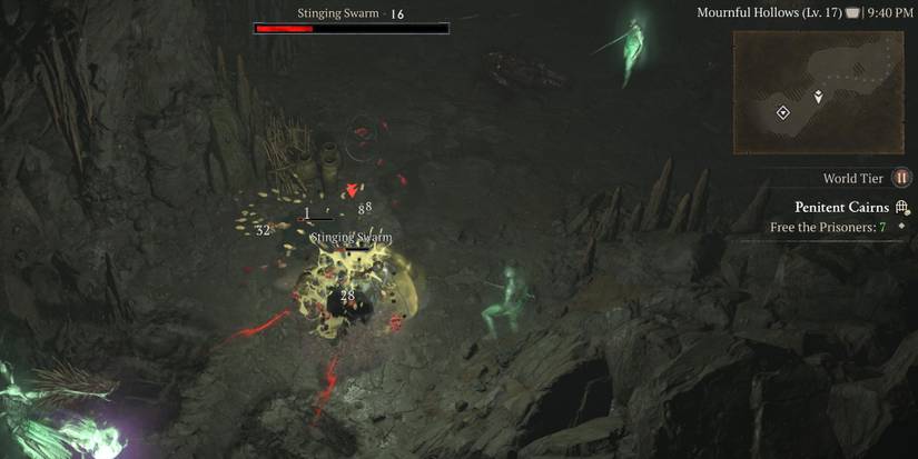 A player attacking enemies in the Penitent Cairns dungeon in Diablo 4