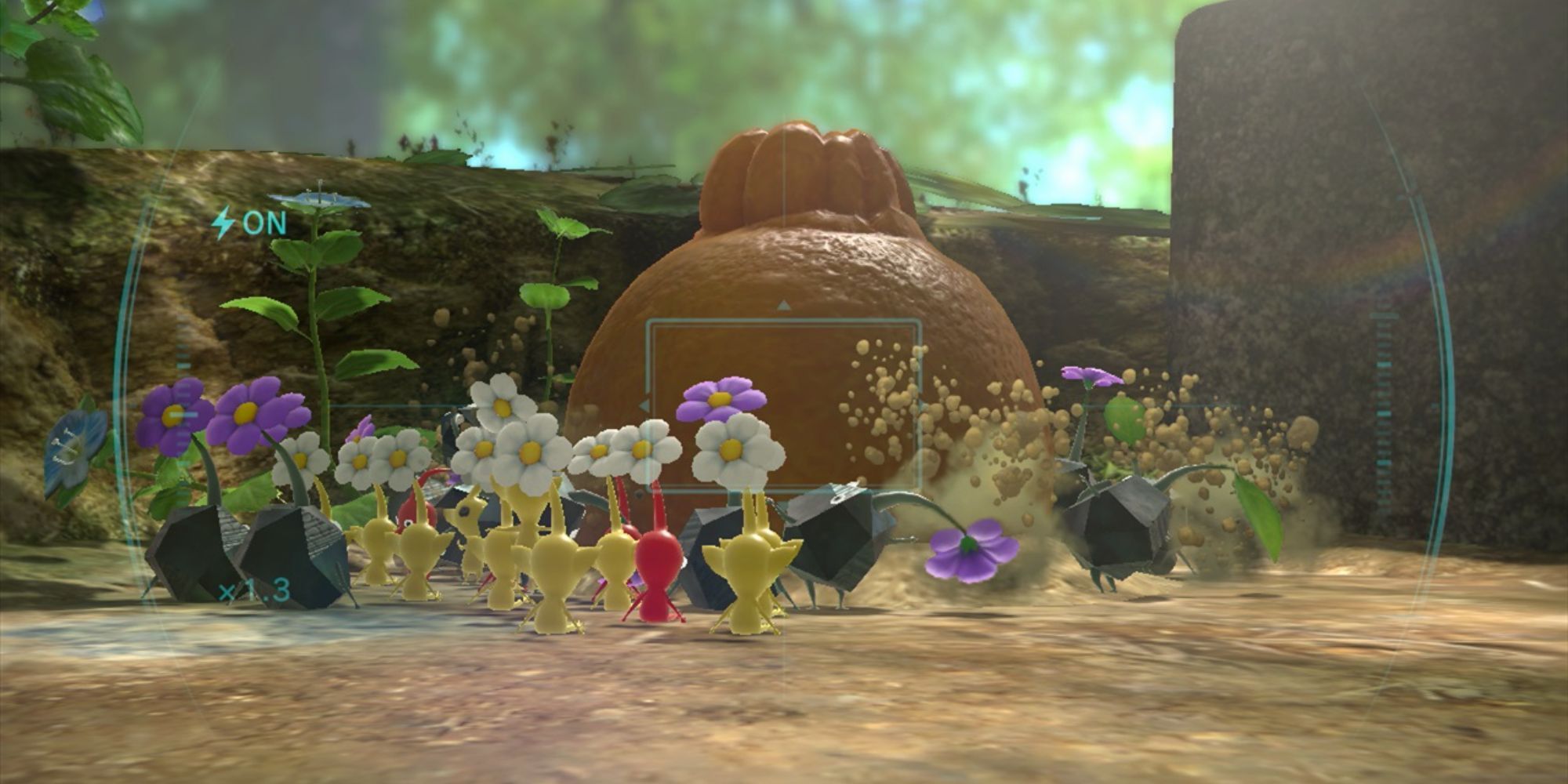 Multiple Pikmin digging up a citrus fruit from the ground.