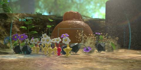 Multiple Pikmin digging up a citrus fruit from the ground in Pikmin 3