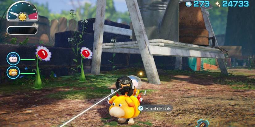 A player holding a bomb rock while riding Oatchi in Pikmin 4
